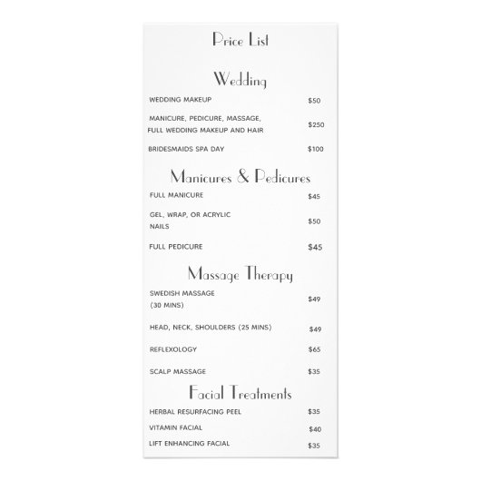 スパサロンロータスフラワーサービス価格表一覧 ラックカード (裏面)