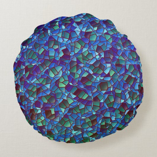 スパッタまたはスモークした薄紫の青と緑のモザイク ラウンドクッション (裏面)