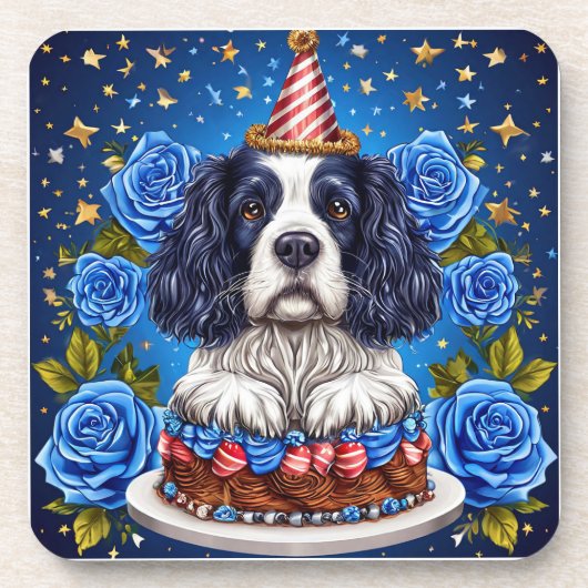 スパニエル犬の誕生日お祝い🎉🐶🎂🍹🎁 コースター (正面)