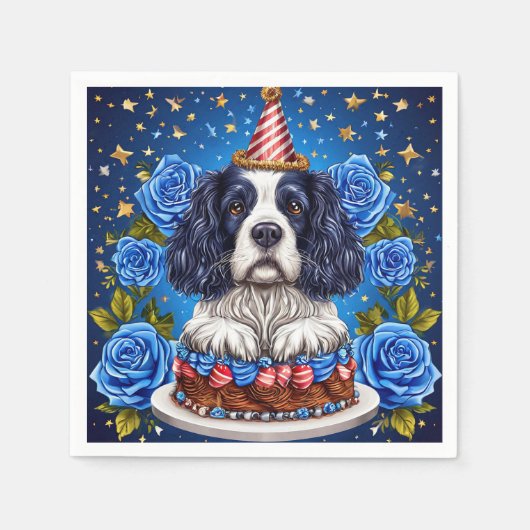 スパニエル犬ドッグ祝誕生日とフェスティバル帽子 スタンダードカクテルナプキン (正面)