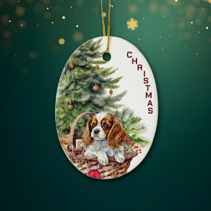 スパニエル犬子犬の籐バスケットクリスマス セラミックオーナメント