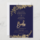 スパニッシュゴールドの葉の花飾り ネイビーブルーのシックな結婚式 招待状 (正面)