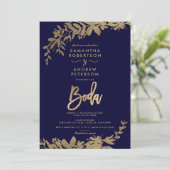 スパニッシュゴールドの葉の花飾り ネイビーブルーのシックな結婚式 招待状 (スタンド正面)