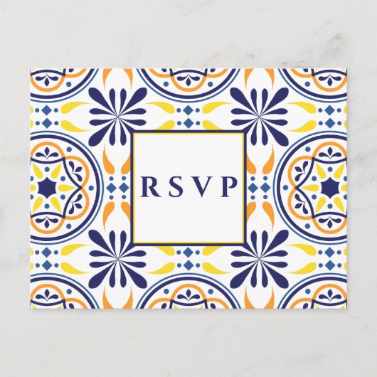 スパニッシュタイル イエロー ネイビー ウェディング  RSVP 料理選択 インビテーションポストカード (正面)