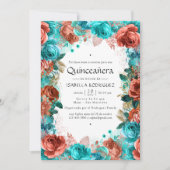 スパニッシュターコイズとコーラルフラワーのQuinceañera 招待状 (正面)