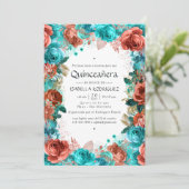 スパニッシュターコイズとコーラルフラワーのQuinceañera 招待状 (スタンド正面)