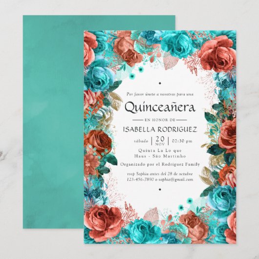 スパニッシュターコイズとコーラルフラワーのQuinceañera 招待状 (正面/裏面)