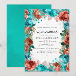 スパニッシュターコイズとコーラルフラワーのQuinceañera 招待状
