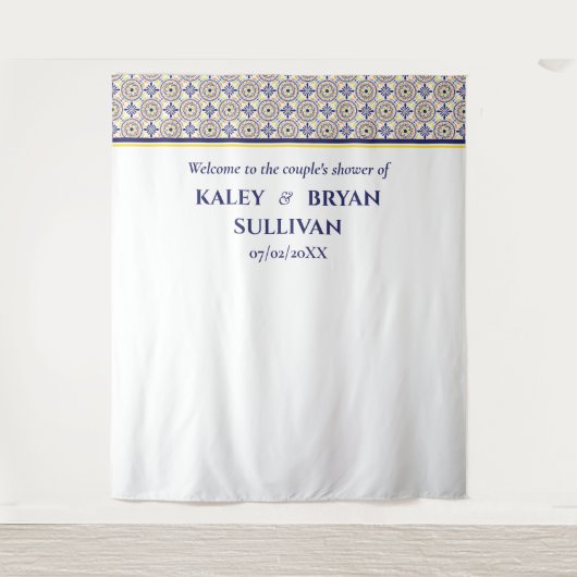 スパニッシュネイビーイエロータイルシャワー写真背景 v3 タペストリー (正面)