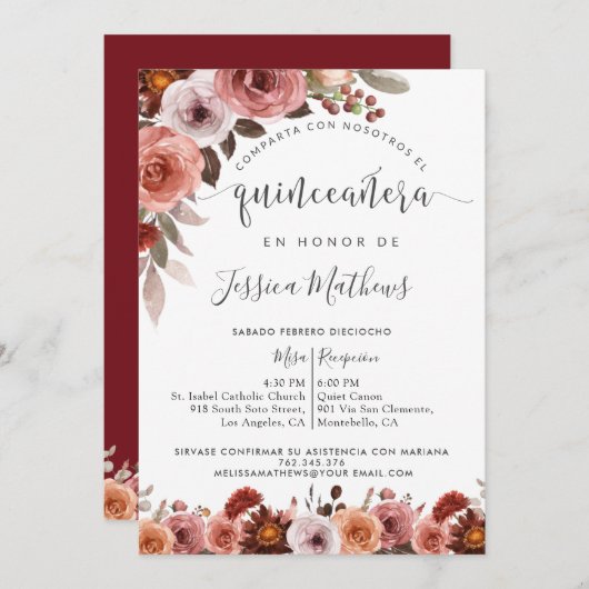 スパニッシュ　キンセニョーラ、バーガンディーブラッシュ　フローラル　マルサラ 招待状 (正面/裏面)