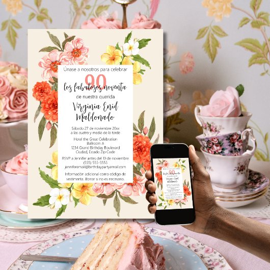 スパニッシュ チャーミング フローラル ホワイト フレーム 90歳の誕生日 招待状