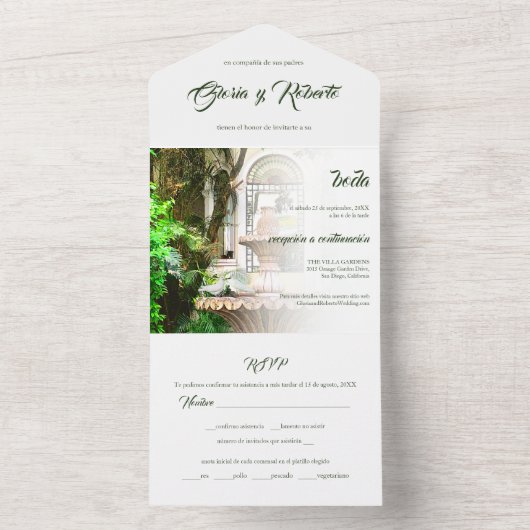 スパニッシュ、ハシエンダ & ホワイトダヴ メキシカン ウェディング オールインワン招待状 (内側)