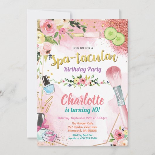 スパパーティの招待状。女の子の誕生日パーティーフローラ 招待状 (正面)