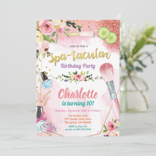 スパパーティの招待状。女の子の誕生日パーティーフローラ 招待状 (スタンド正面)