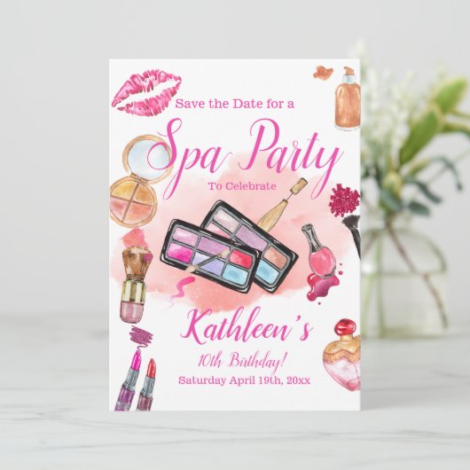 スパパーティの招待状、編集可能誕生日任意の年齢 セーブザデート (スタンド正面)