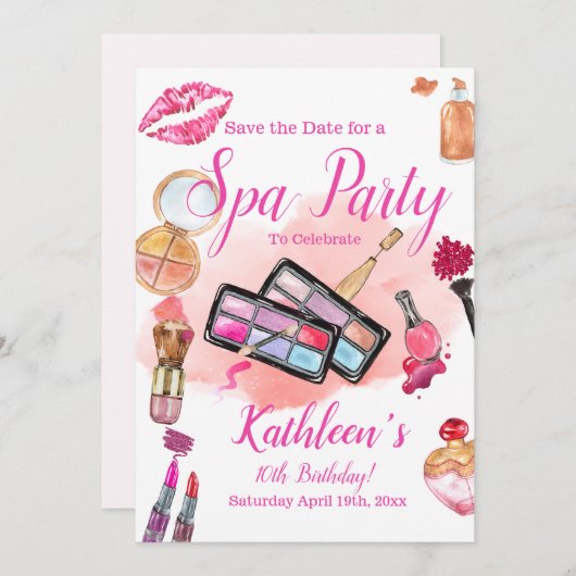 スパパーティの招待状、編集可能誕生日任意の年齢 セーブザデート (正面/裏面)