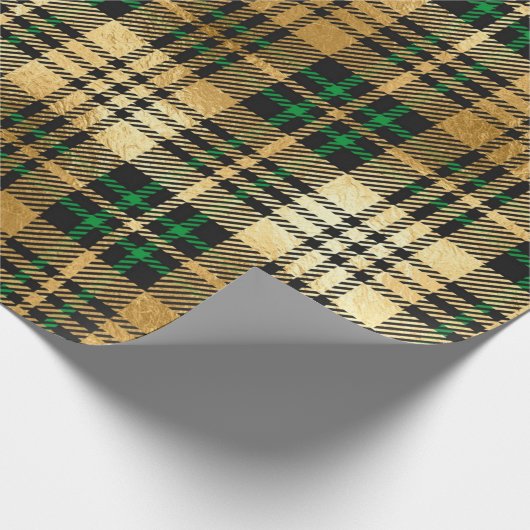 スパルタンの格子模様のダークグリーンとフェイク金ゴールドのクリスマス ラッピングペーパー (角)