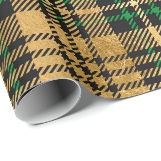 スパルタンの格子模様のダークグリーンとフェイク金ゴールドのクリスマス ラッピングペーパー (ロールコーナー)