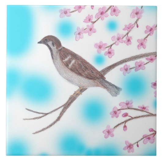 スパロウさくらんぼの花の木の空のタイル タイル (正面)