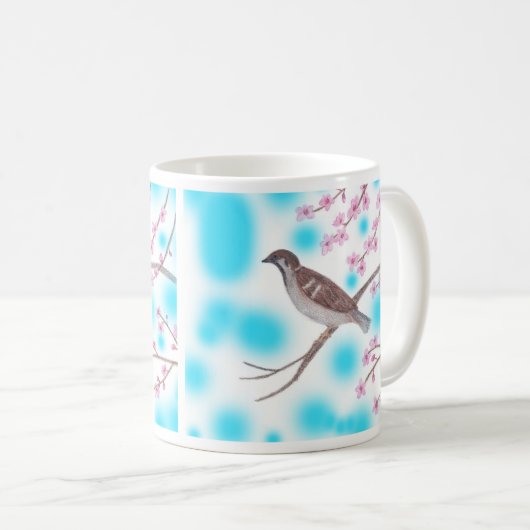 スパロウさくらんぼの花の木の空のマグカップ コーヒーマグカップ (正面右)