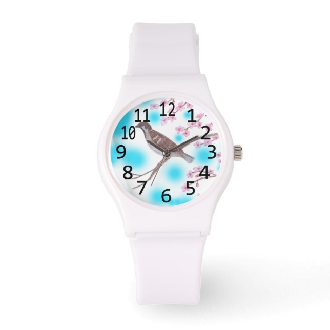 スパローさくらんぼの花の木の空の腕時計 腕時計 (正面)