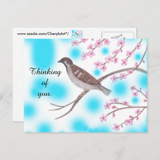スパローさくらんぼの花の木の空はがき ポストカード (正面/裏面)