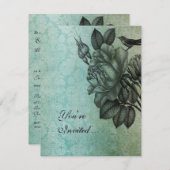 スパローとバラのエレガントヴィンテージダマスク(青) 招待状 (正面/裏面)