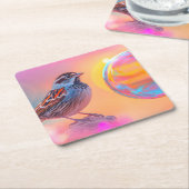 スパローカラフルとレインボーバブル スクエアペーパーコースター (アングル)