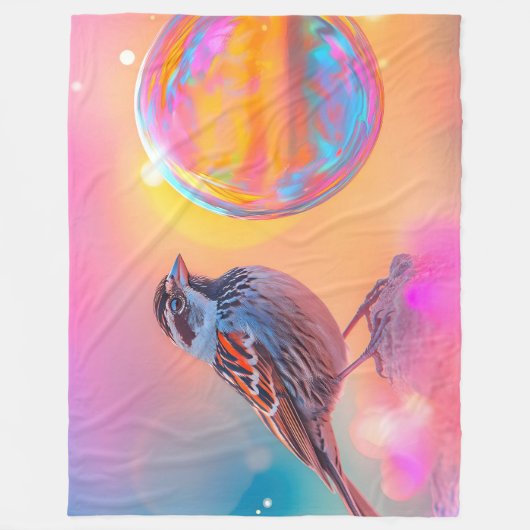 スパローカラフルとレインボーバブル フリースブランケット (正面)