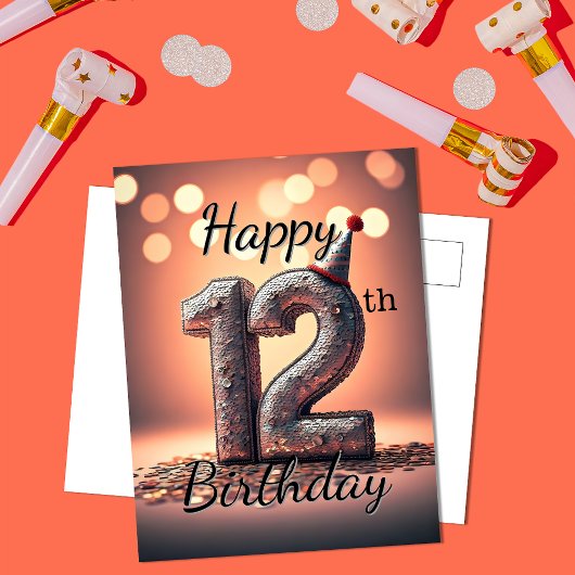 スパンコールがキラキラ輝くパーティーハットでお誕生日おめでとう(12歳の誕生日おめでとう) ポストカード