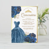 スパンコールが輝くドレス ネイビーブルー ローズ ゴールドのキンセアニエラ 招待状 (スタンド正面)