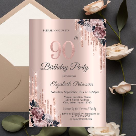 スパンコールのしたたり ローズゴールドの花 90歳の誕生日 招待状