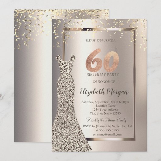 スパンコールドレス コンフェッティ アイボリー 60歳の誕生日 招待状 (正面/裏面)