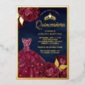 スパンコールドレス ワインレッド 花柄 ネイビー クイーンセラ 金 箔招待状 (正面)