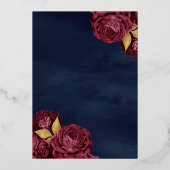 スパンコールドレス ワインレッド 花柄 ネイビー クイーンセラ 金 箔招待状 (裏面)