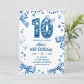 スパンコールブルーリボン二桁の数字の女の子10歳の誕生日 招待状 (スタンド正面)