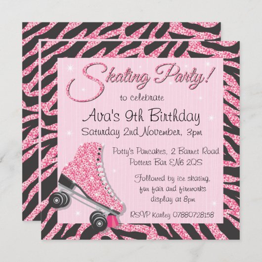 スパンコール輝くローラースケートパーティー招待状 招待状 (正面/裏面)