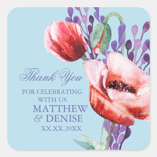 スパンシュガー ブルー背景のポピーコレクション スクエアシール (正面)