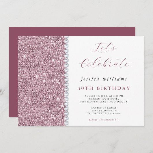 スパーかわいらしクルシークイン&ダイアモンズマウヴ誕生日 招待状 (正面/裏面)