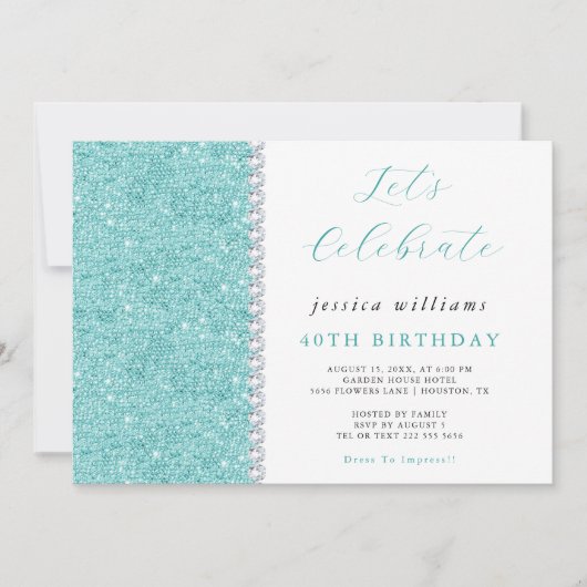 スパーかわいらしクルシークイン&ダイヤモンドティール（緑がかった色）誕生日 招待状 (正面)