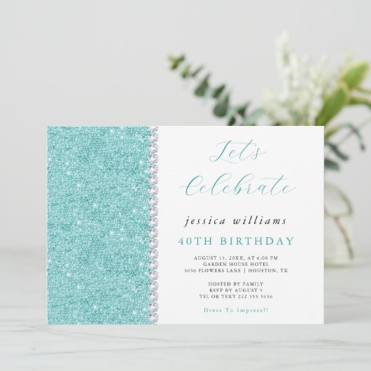 スパーかわいらしクルシークイン&ダイヤモンドティール（緑がかった色）誕生日 招待状 (スタンド正面)