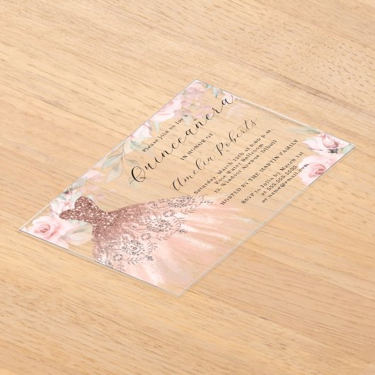 スパーエレガントクルドレスバラ金ゴールドキンセアニェラ アクリル招待状 (レイダウン)