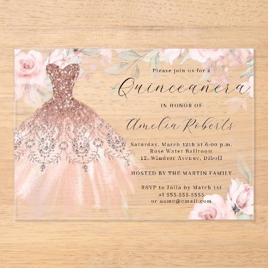 スパーエレガントクルドレスバラ金ゴールドキンセアニェラ アクリル招待状 (正面)