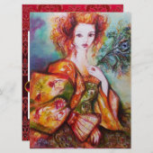 スパーキングするペコックの羽を持つロマンチックな女性、赤 (正面/裏面)