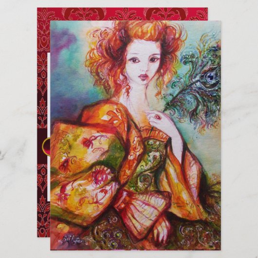 スパーキングするペコックの羽を持つロマンチックな女性、赤 (正面/裏面)