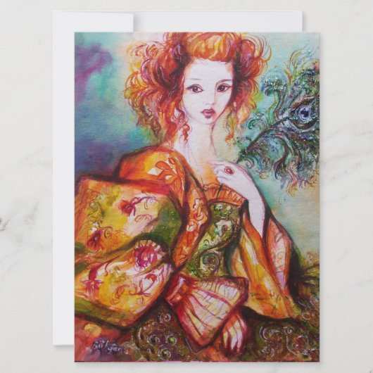 スパーキングするペコックの羽を持つロマンチックな女性、赤 (正面)