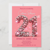 スパーキングピンク＆シルバーの宝石 21歳の誕生日 招待状 (正面)