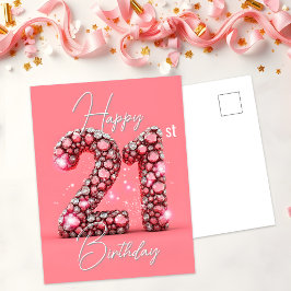 スパーキングピンク＆シルバー宝石 21歳の誕生日 ポストカード