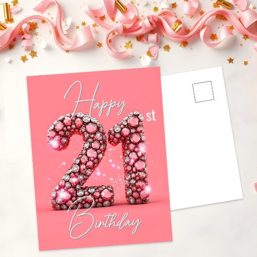 スパーキングピンク&シルバー宝石 21歳の誕生日 ポストカード