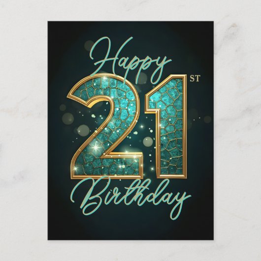 スパーキング グラマラス ティール ゴールド ブラック 21歳の誕生日 ポストカード (正面)